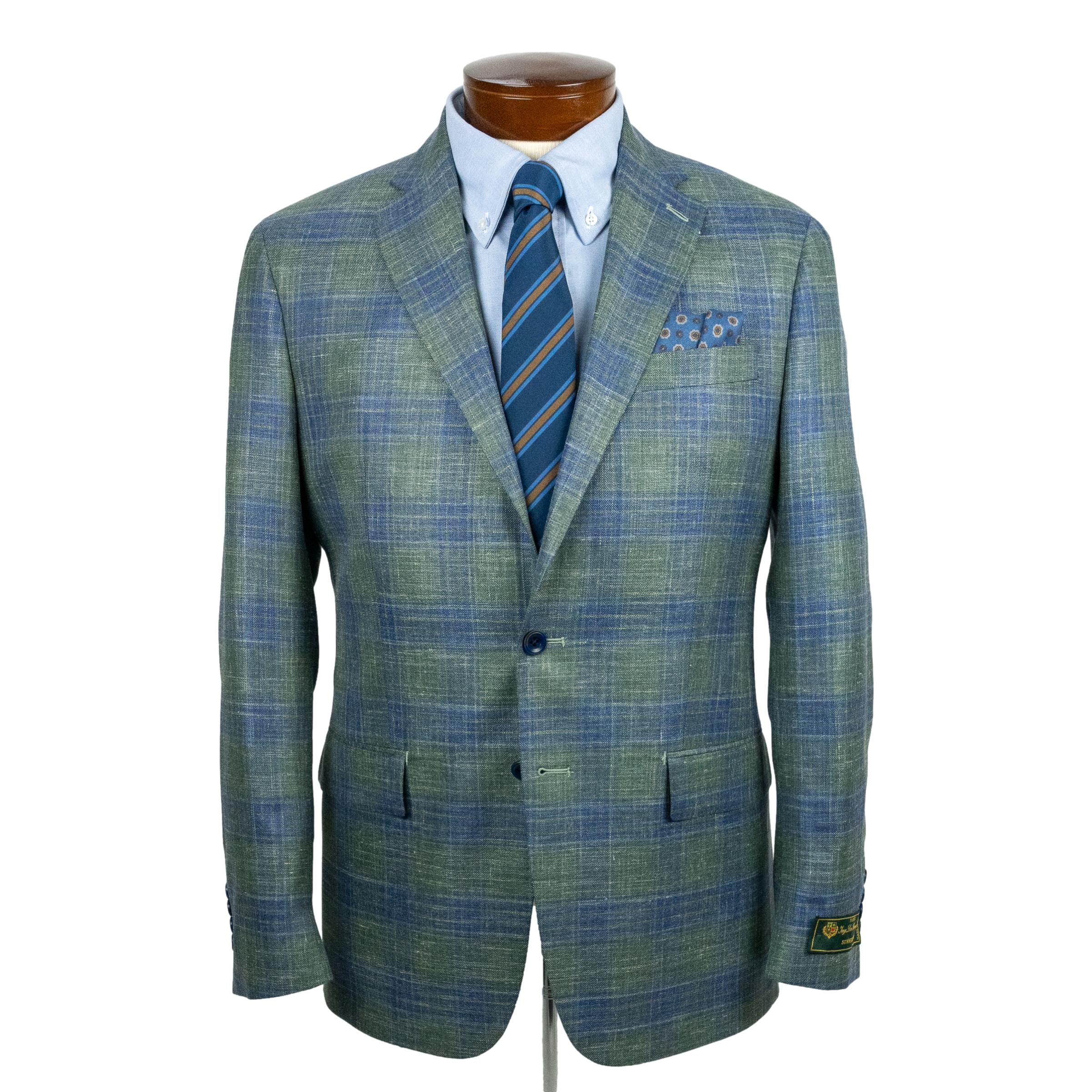 Green with Blue Plaid Wool, Silk, Linen Sport Coat