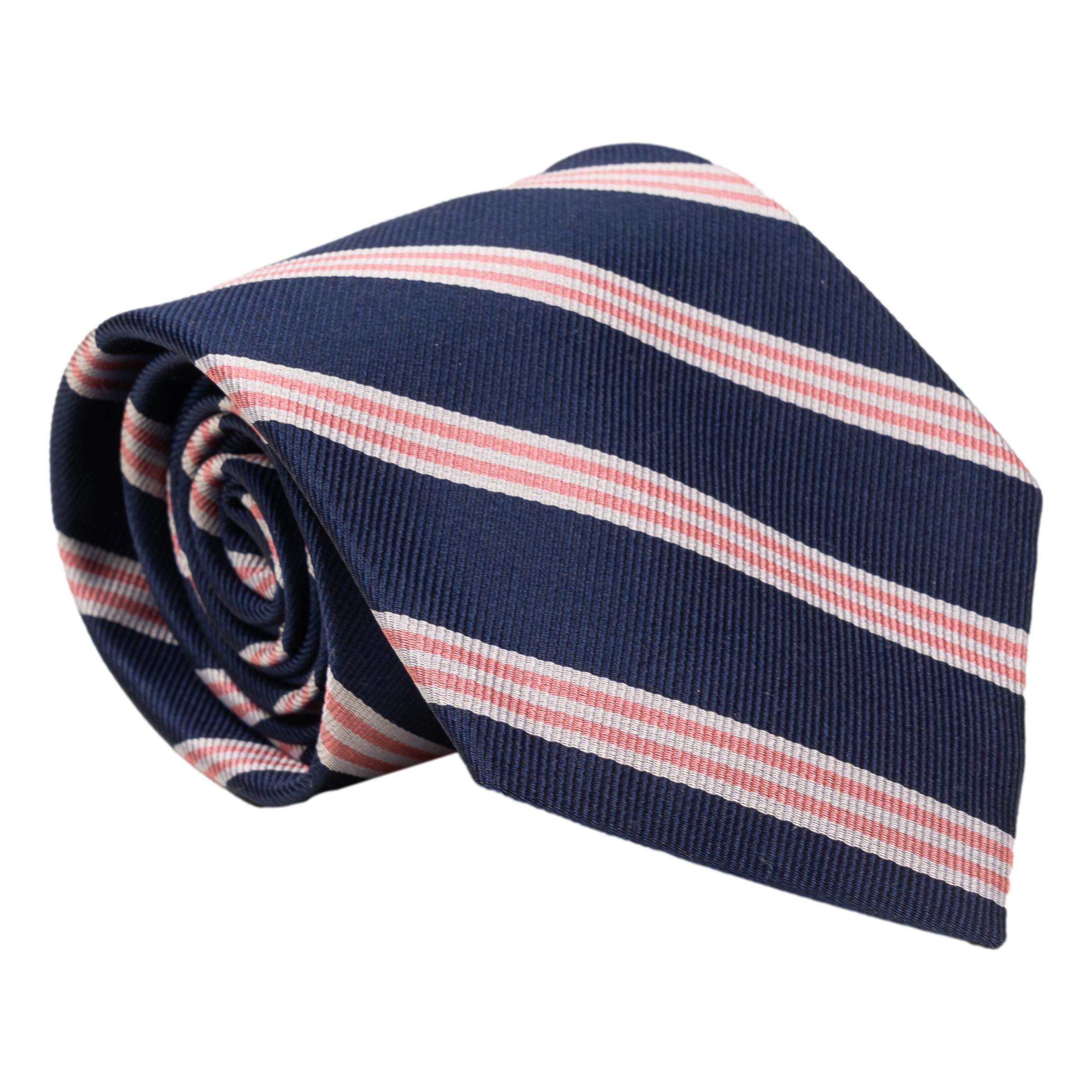 Navy with Pink and Silver Regimental Stripe Silk Tie – The Andover
