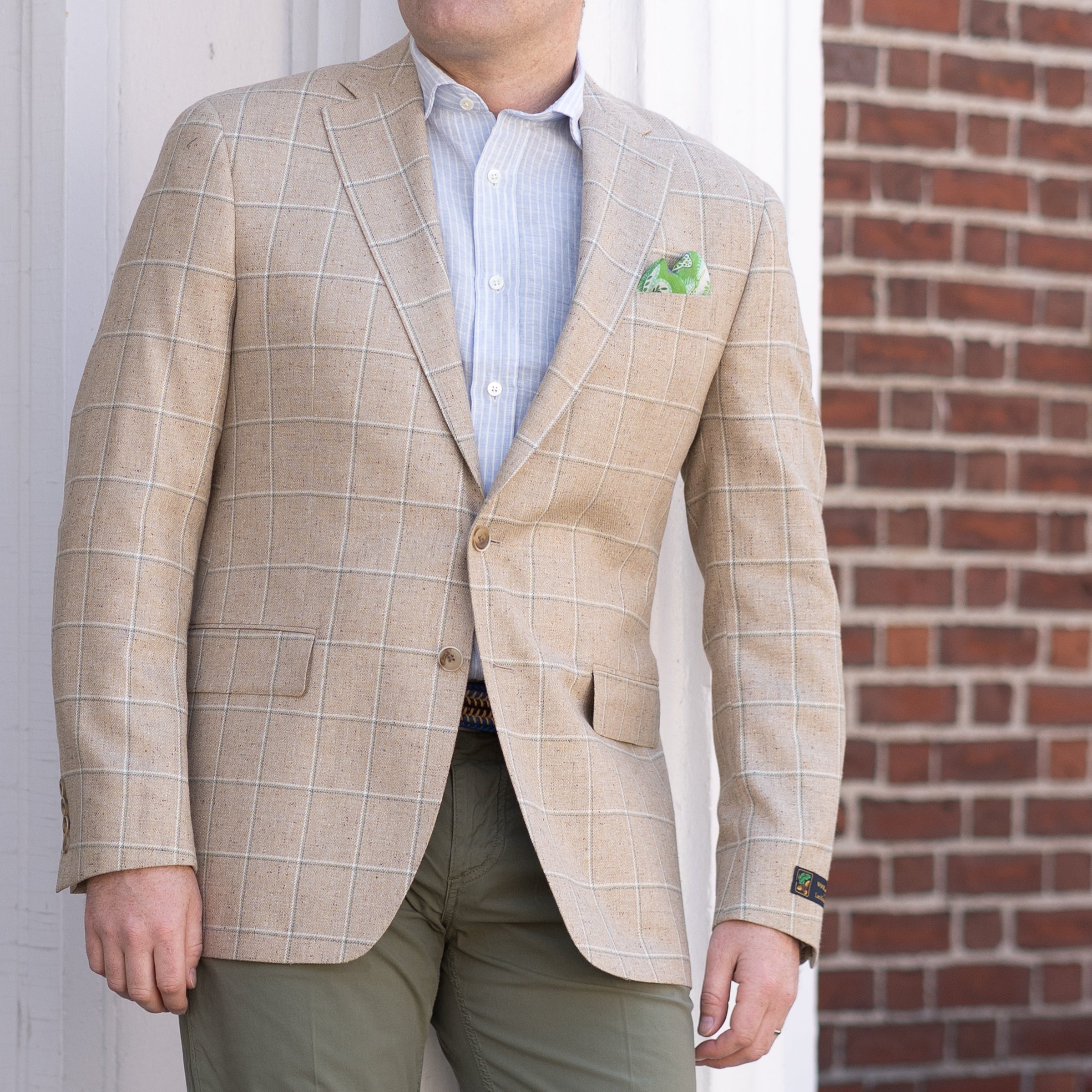Tan with Olive and White Windowpane Wool and Silk Sport Coat