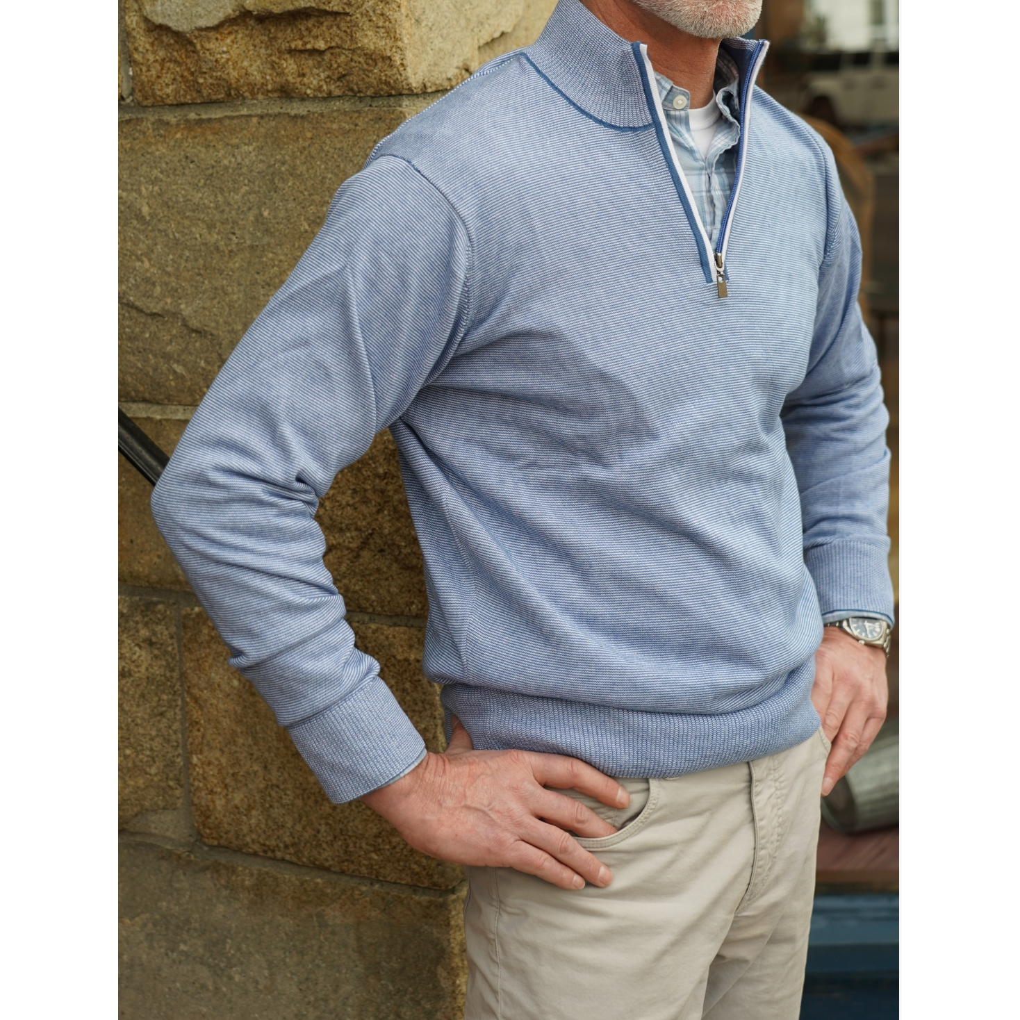Pima Cotton Fine Stripe 1/4 Zip Sweater