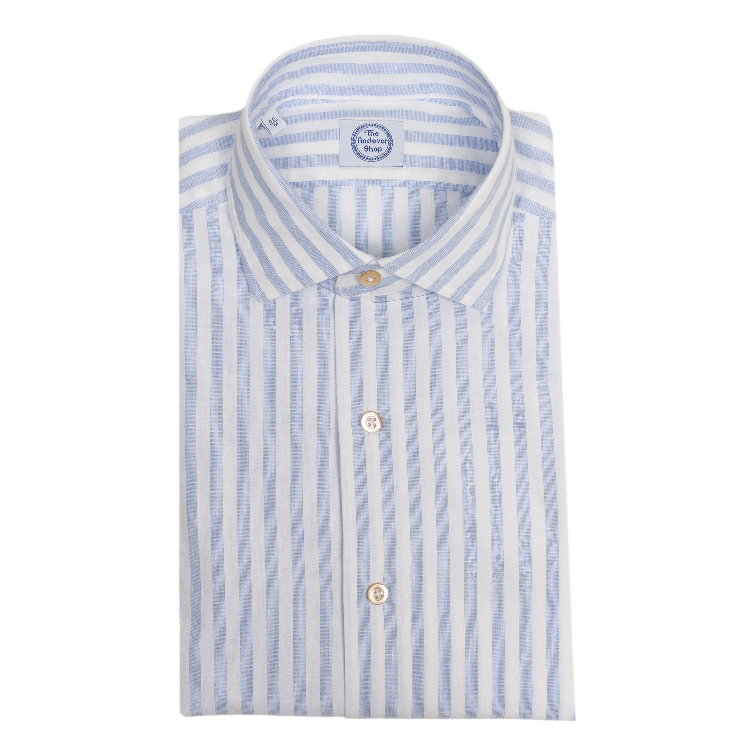 Blue and White Stripe Linen and Cotton Blend Trim Fit Spread