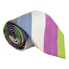 Light Blue, White, Magenta, Lime, and Earth Block Stripe Silk and Linen Tie