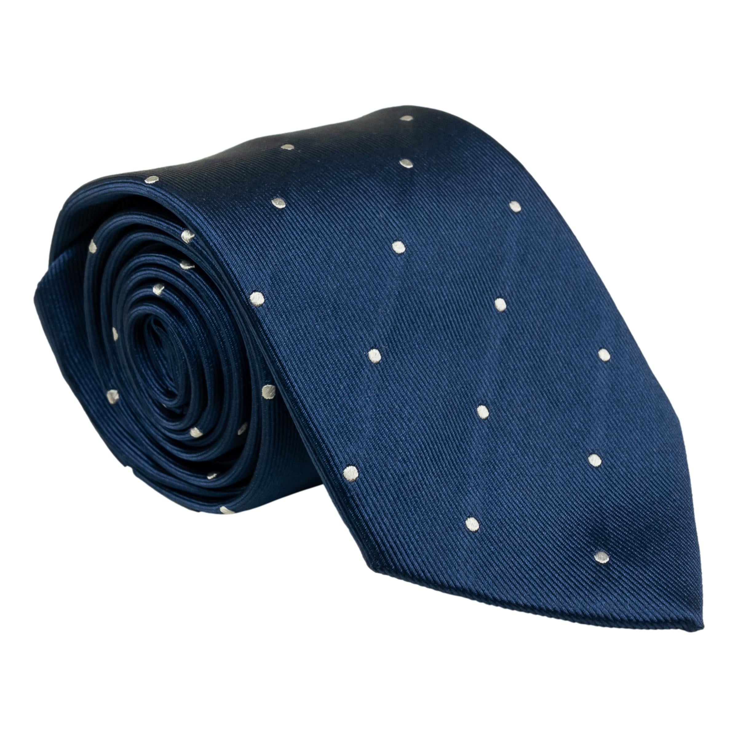 Navy_SilverWideDotWovenSilkTie