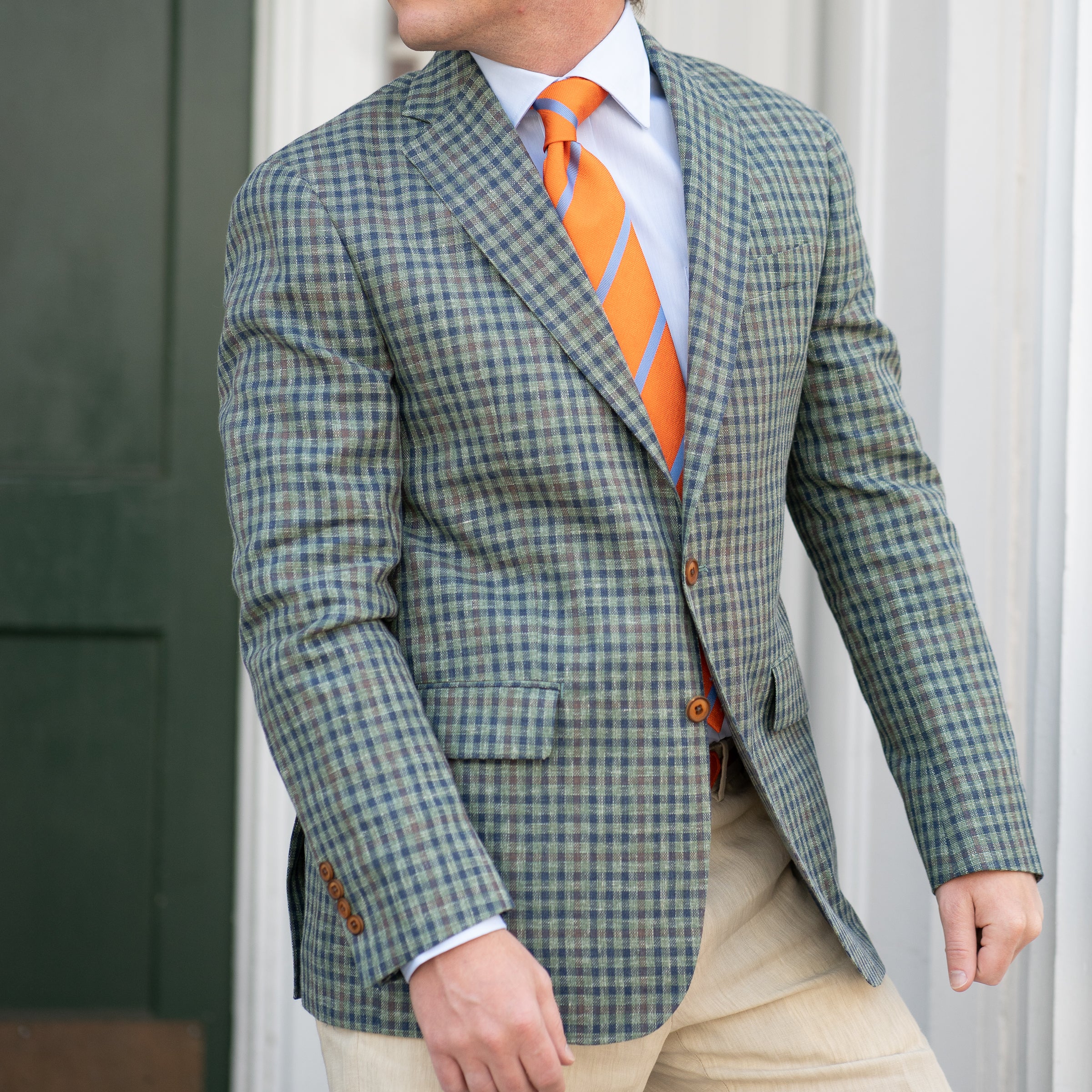 Olive and Navy Multi Check Quaregna Wool, Silk, and Linen Sport Coat