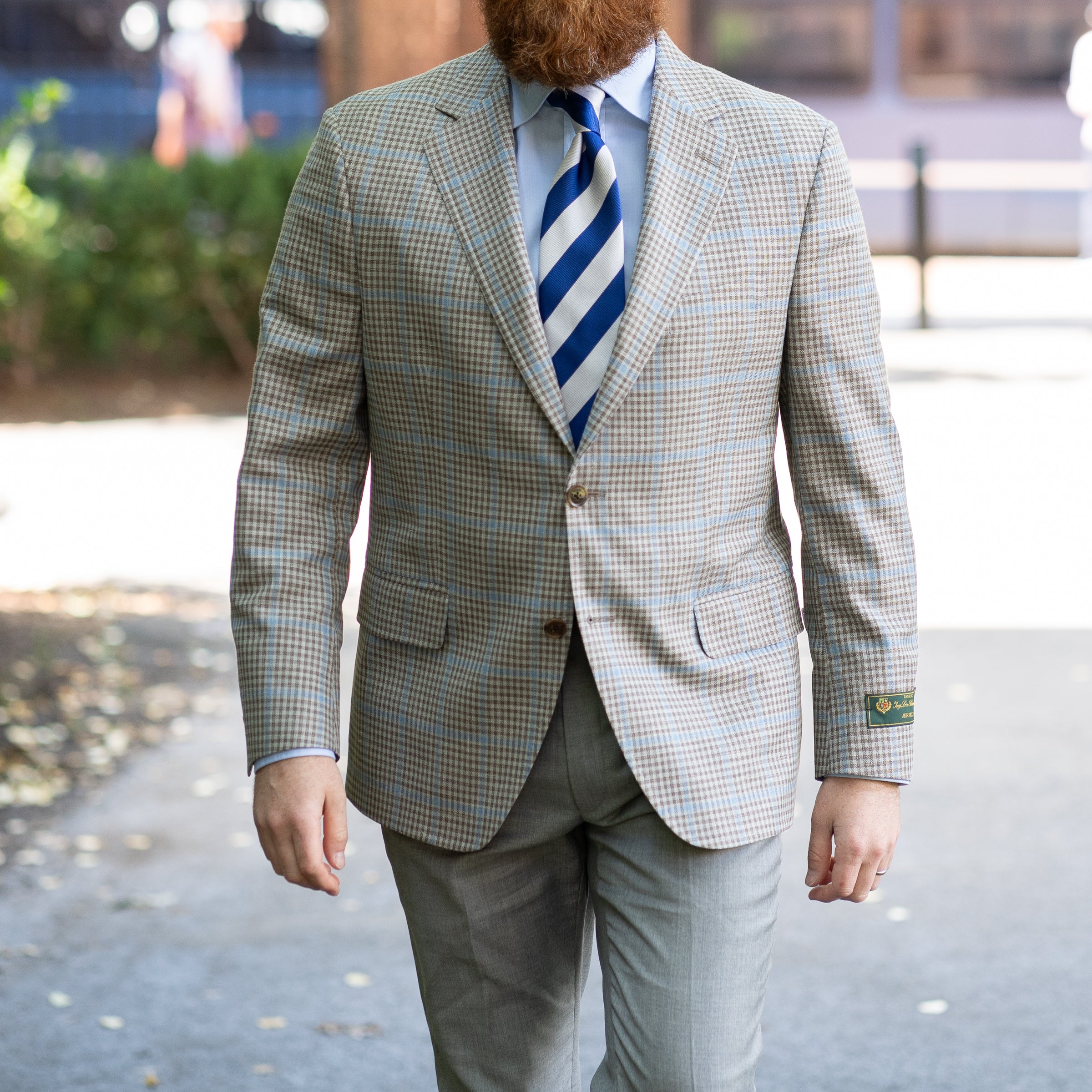 Tan Check with Sky Blue Windowpane Wool, Silk, and Linen Loro Piana Sp ...