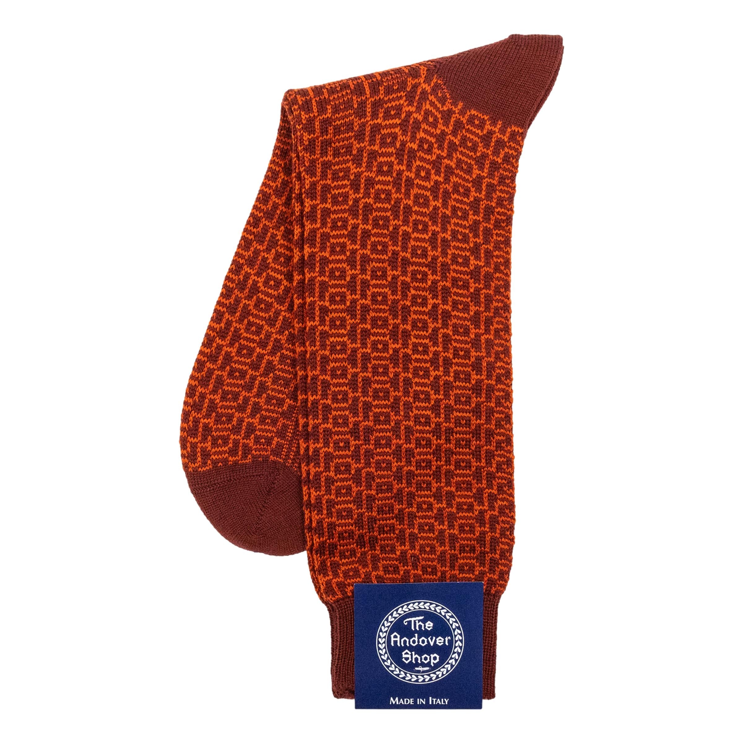 Squared Geo Patterned Wool Mid-Calf Dress Sock