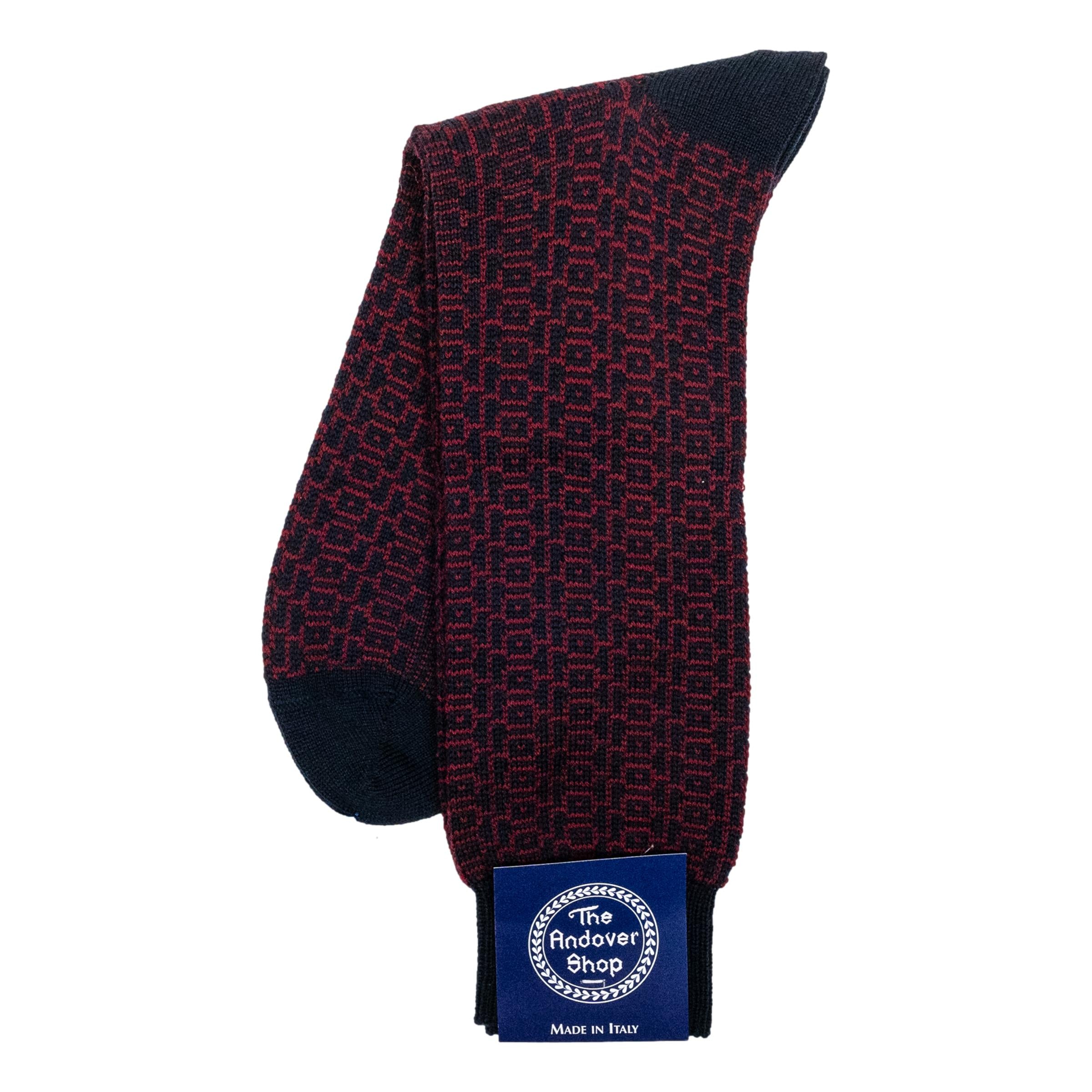 Squared Geo Patterned Wool Mid-Calf Dress Sock