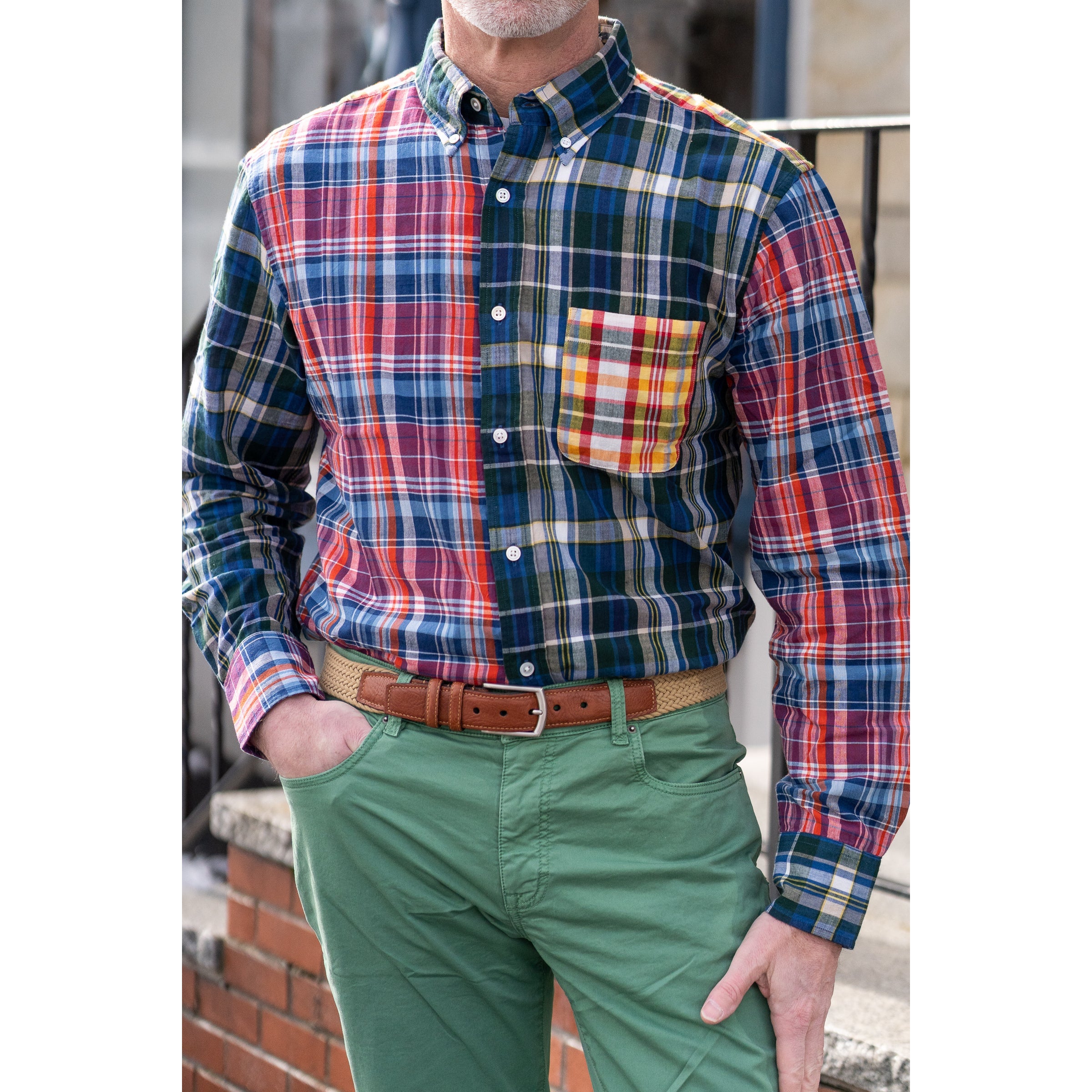 Patchwork Plaid Button Down Madras Sport Shirt