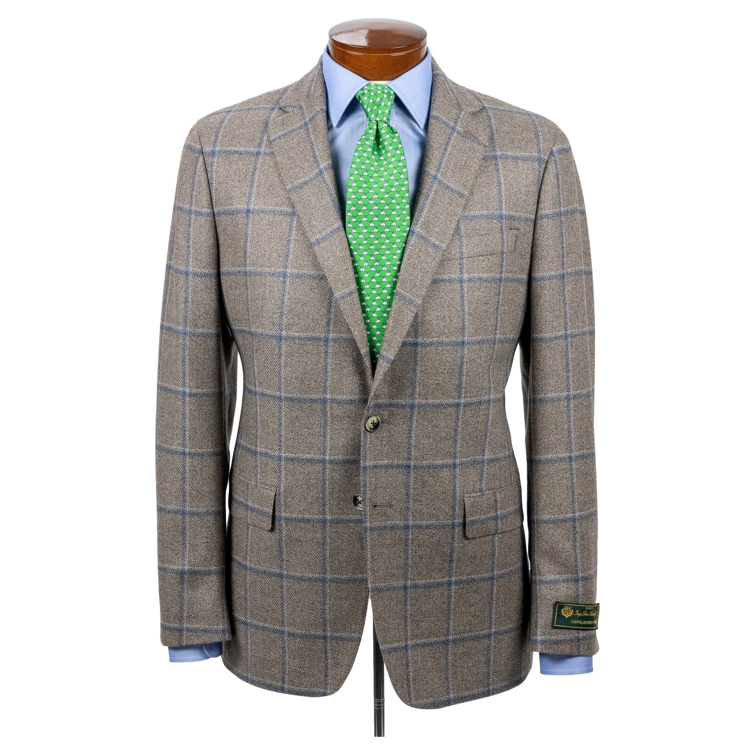 Taupe with Blue Windowpane Wool and Silk Sport Coat