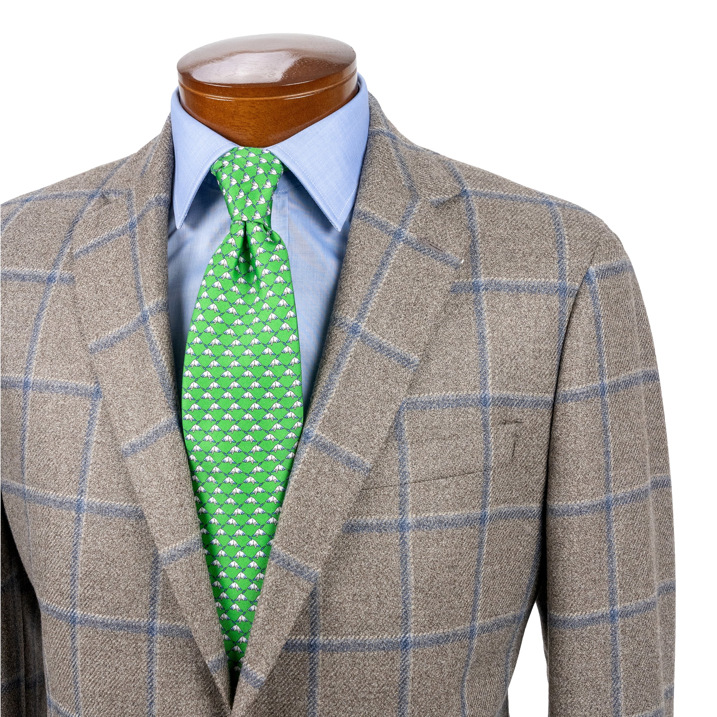 Taupe with Blue Windowpane Wool and Silk Sport Coat
