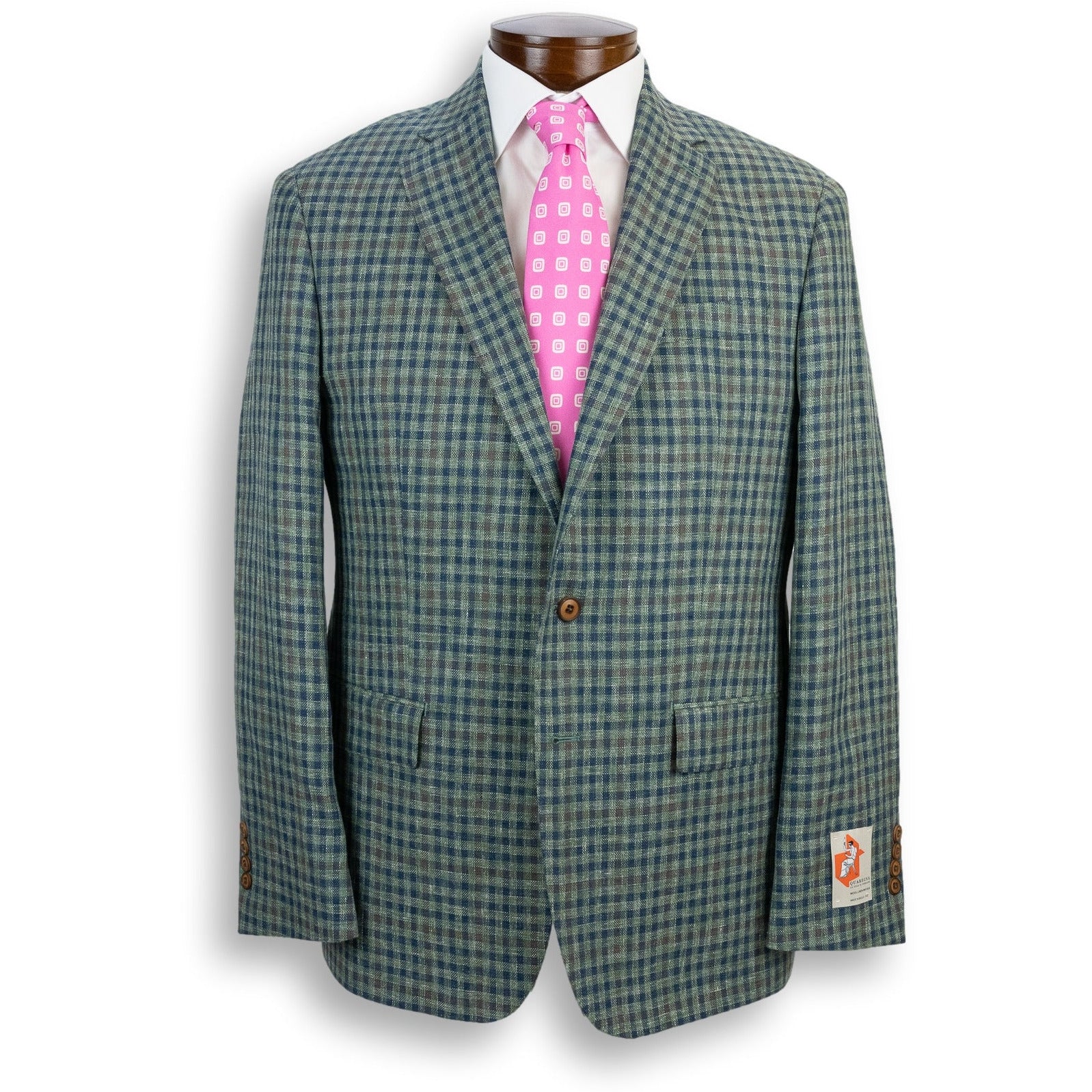 Olive and Navy Multi Check Quaregna Wool Silk and Linen Sport Coat