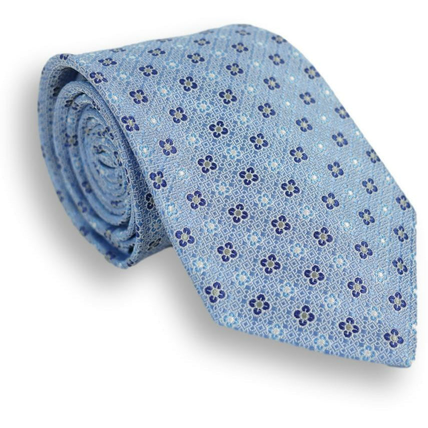 Royal and Sky Blue Flower Motif Silk Tie