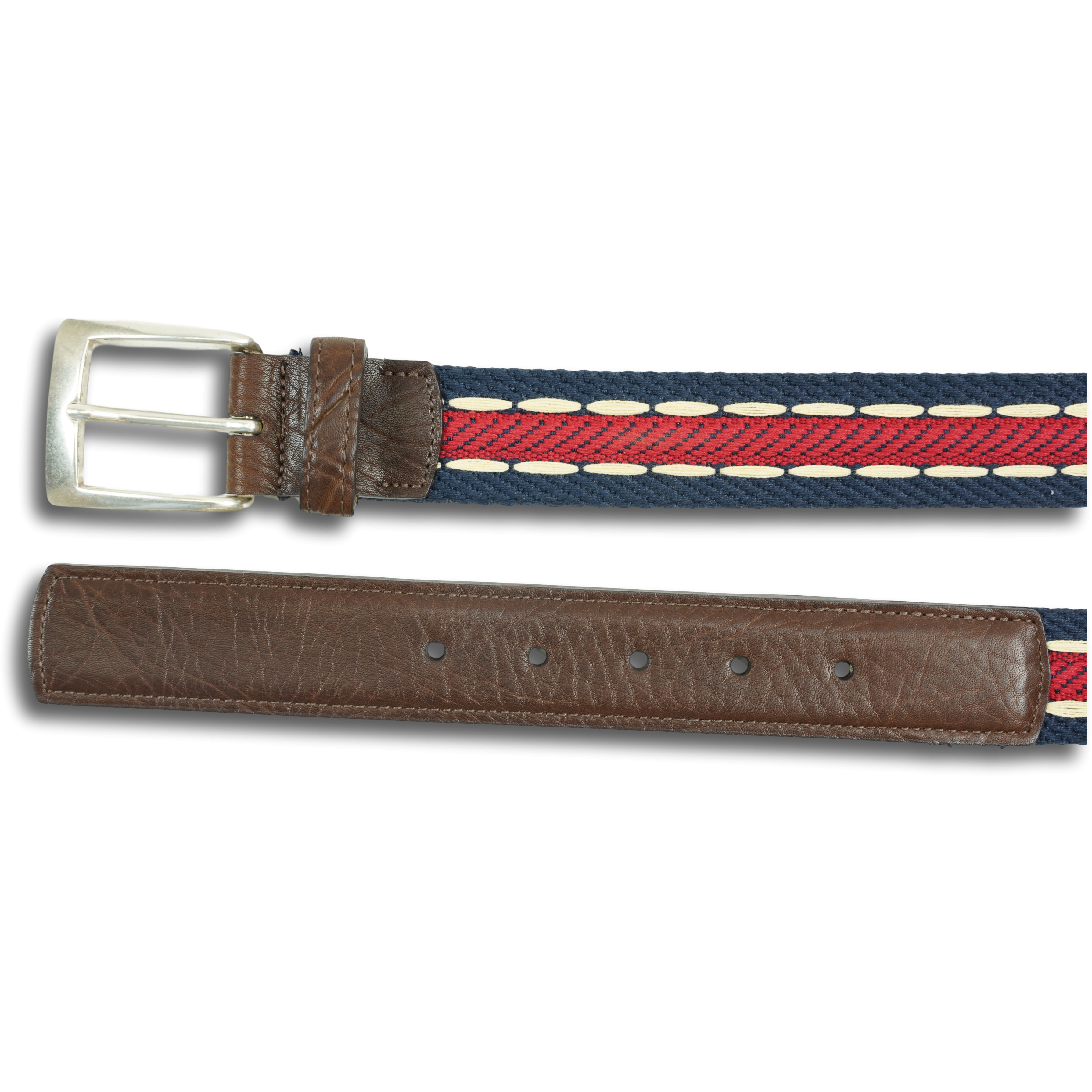 Navy, Red, and White Woven and Stitched Leather Tab Belt