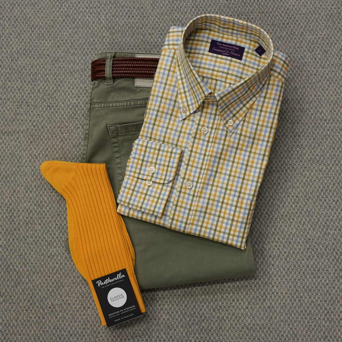 Yellow, Light Blue, and Olive Tattersall Button Down Sport Shirt