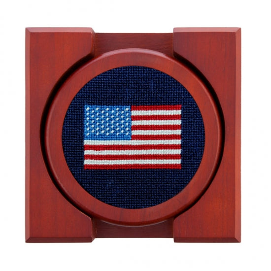 American Flag Needlepoint Coasters (Set of 4 with holder)