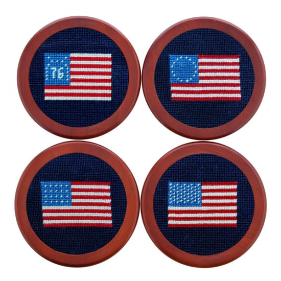 American Flag Needlepoint Coasters (Set of 4 with holder)